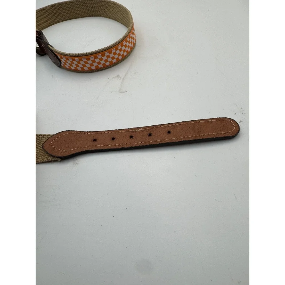 Orange White Checkered Ribbon Canvas Web Belt Leather Tabs Brass Buckle Size 34